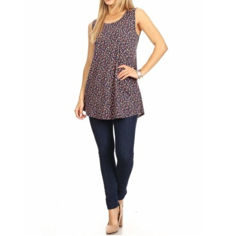 Navy Floral Print Sleeveless Tunic Top Made in USA